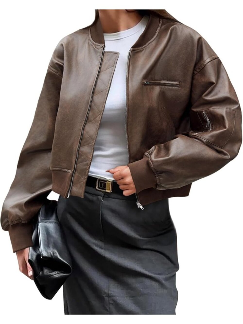 Women's Brown Faux Leather Bomber Jacket Cropped Biker Coat with Pocket Zip Up